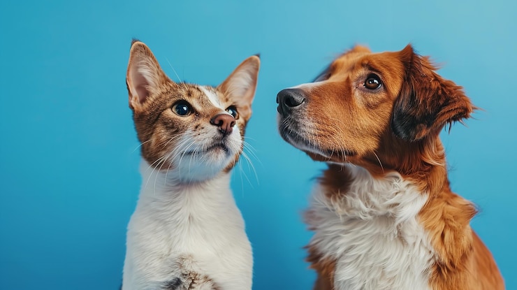 Gato y perro sentados juntos y mirando hacia arriba Mascotas sobre fondo azul Ai generativo