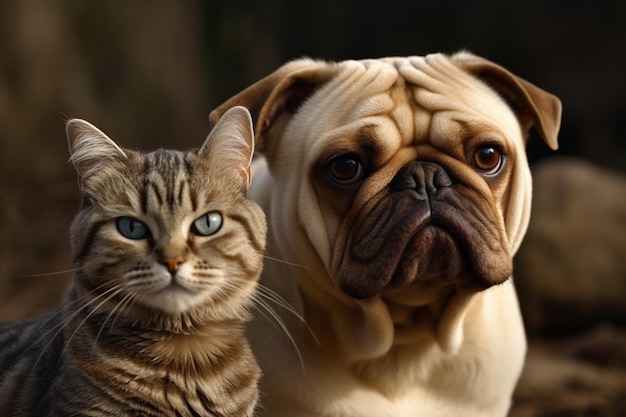 Un gato y un perro se sientan uno al lado del otro.