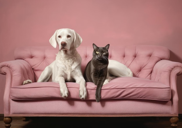 Gato y perro tumbados en el sofá.