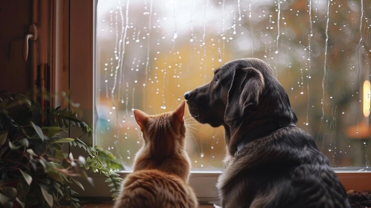 Gato y perro se unen en el refugio de animales de voluntariado en un día lluvioso de otoño