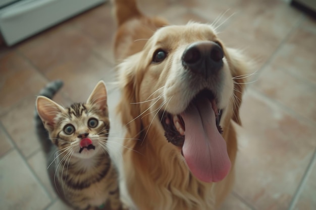 Gato y perro Vista superior de un perro y un gatito hambrientos