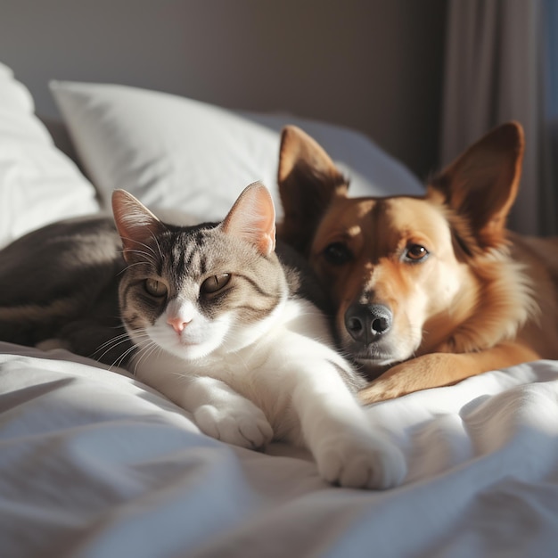 Gato y perro yacen juntos en una cama blanca gato y perro amistad lindas mascotas