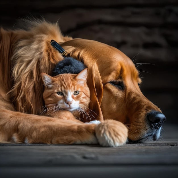 Foto un gato y un perro yacen juntos de color naranja.