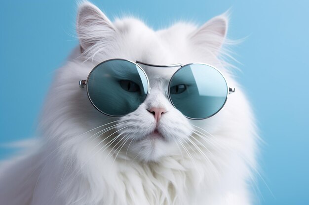 Gato persa blanco con gafas de sol azules aislado sobre un fondo azul