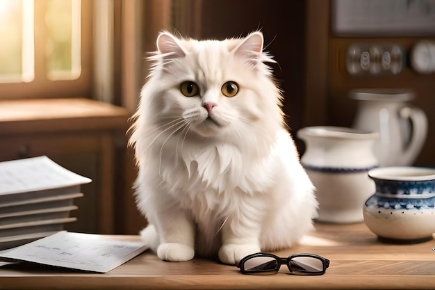 Gato persa blanco con una mirada intelectual sobre una mesa