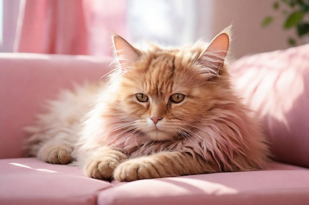 Gato persa deitado em um sofá rosa em casa