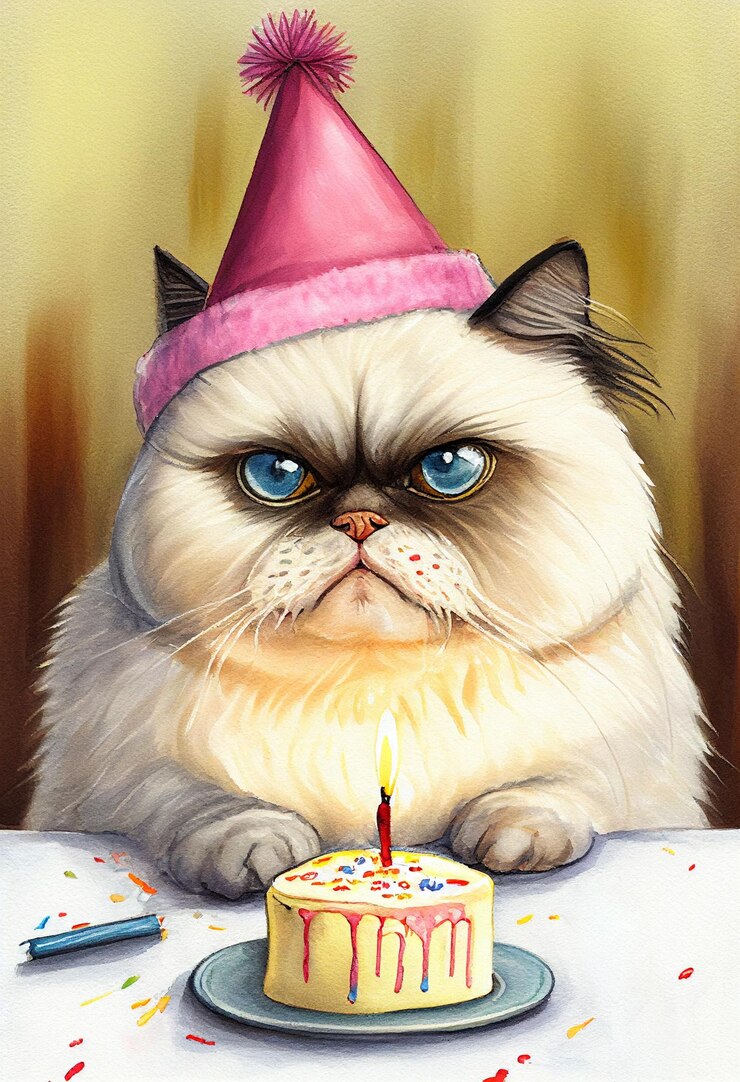 Gato persa descontente com bolo de aniversário Ilustração generativa de aquarela AI