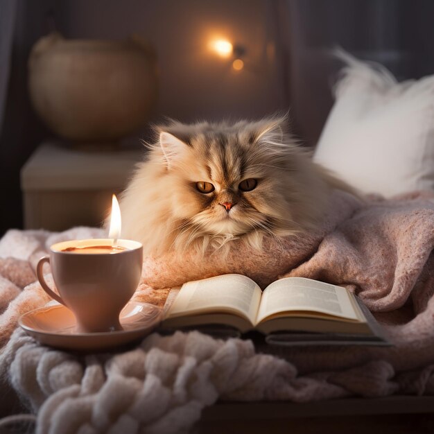 Foto gato persa dormindo na cama em um cobertor quente