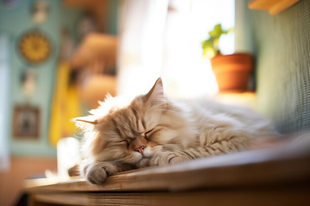 Foto gato persa durmiendo bajo un haz de luz solar en el interior