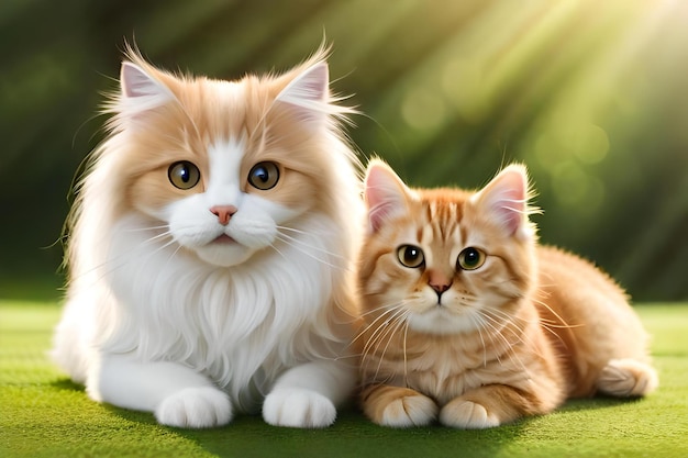 Gato persa e um gato de boneca de pano sentados juntos