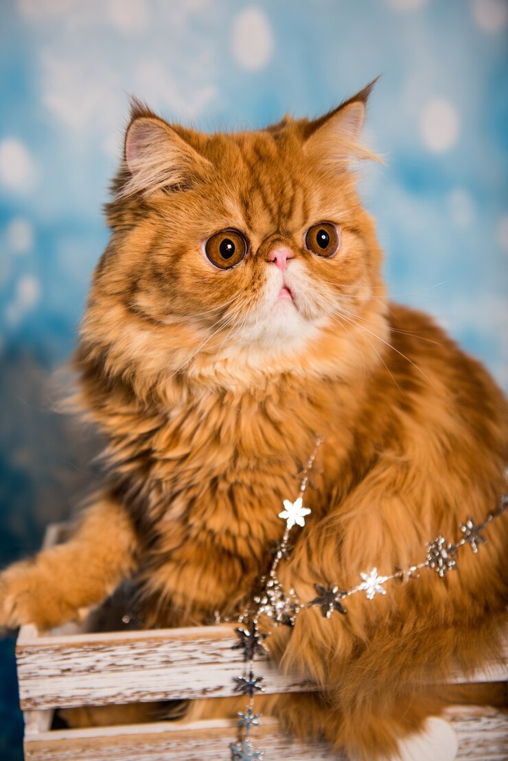 Foto gato persa em um fundo azul de natal com neve