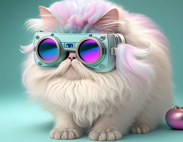 Gato persa estilo Fairy Kei em design moderno usando fone de ouvido vr