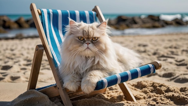 Gato persa fofinho descansando em uma cadeira de praia ao lado do mar