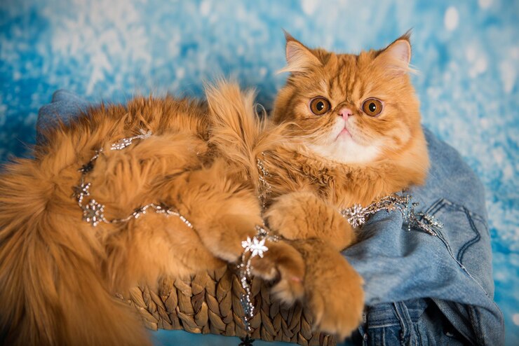 Foto gato persa fofo em uma cesta de natal azul