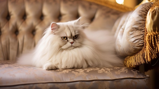 Gato persa reclinado sobre uma almofada de veludo sua pele luxuosa espelhando a opulência ao redor