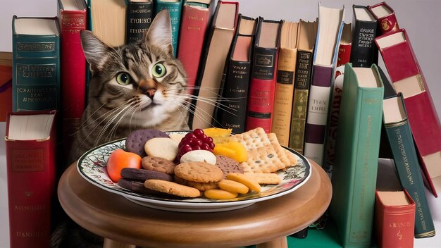 Gato perto de lanches e livros