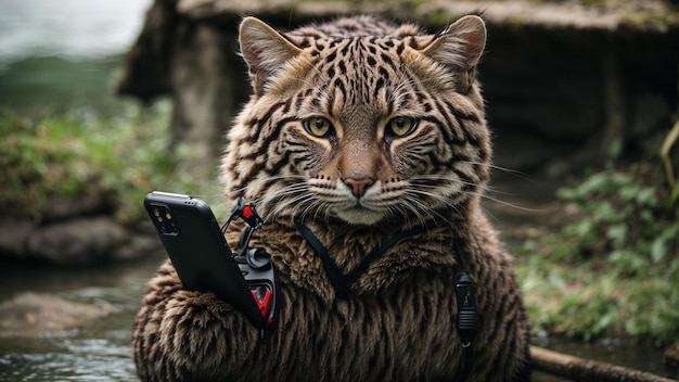 Un gato pescador usando un teléfono inteligente para documentar la mayor captura del día