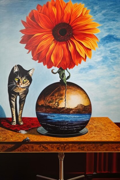 Foto un gato está de pie junto a un jarrón con una flor.