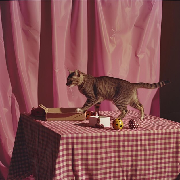 Foto un gato está de pie en una mesa con una caja de decoraciones de navidad