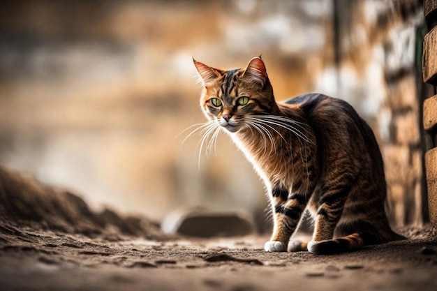 Foto un gato está de pie en el suelo al sol