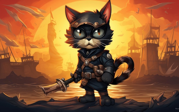 Foto gato pirata de desenho animado inspirado em disney pixar empunhando uma ilustração de espada