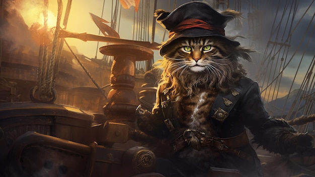 Gato pirata em uma viagem de espadachim