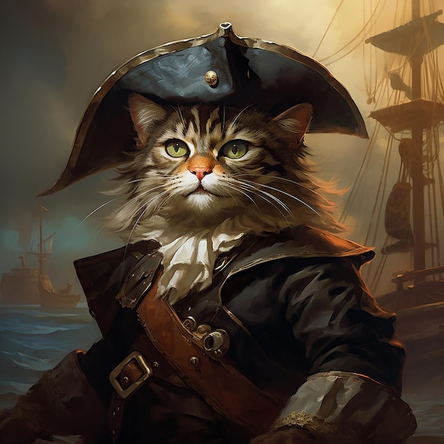 Gato pirata profissional desenhando uma cauda de aventura