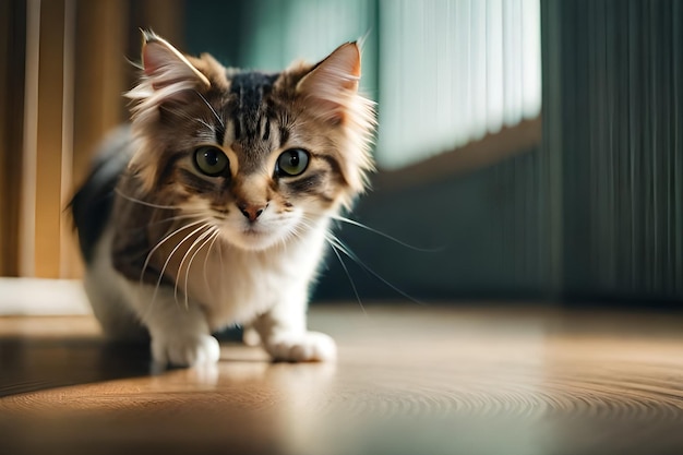 Un gato en un piso de madera frente a una jaula.