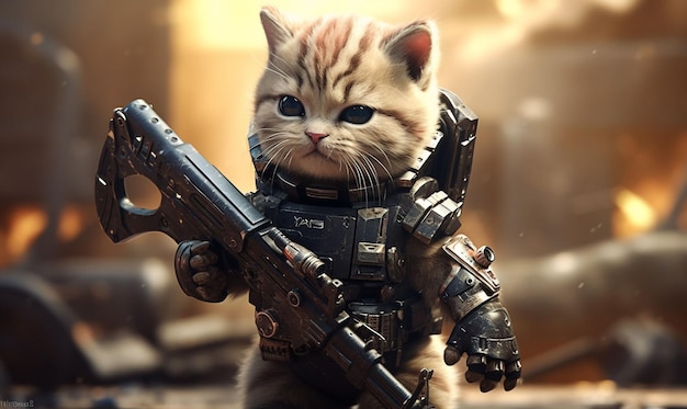 Un gato con una pistola está parado en un estilo futurista.