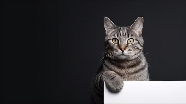 Un gato con una pizarra blanca delante.