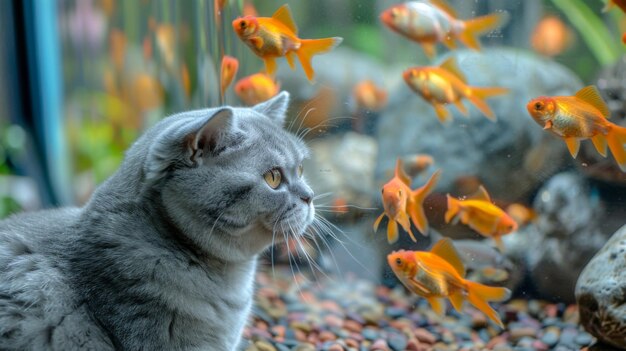 Foto gato plateado británico de pelo corto observando peces dorados en un acuario