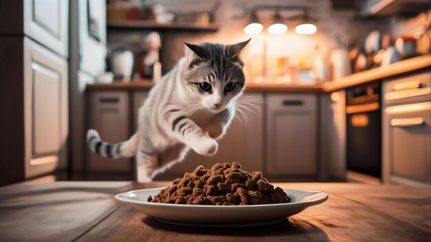 El gato y el plato de comida para mascotas en la cocina doméstica se centran selectivamente