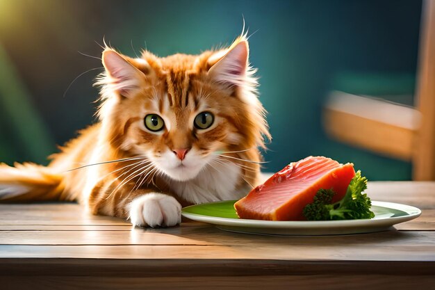 Un gato con un plato de salmón encima.