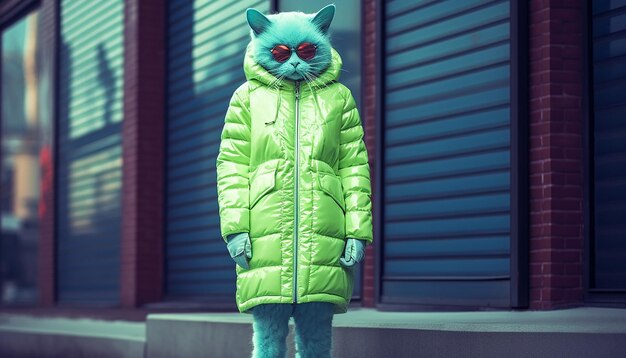 Un gato Plavidian se encuentra en la calle filmando un panorama de súper gran angular sin rostro