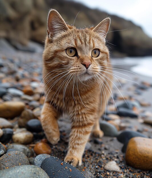 Un gato en una playa de guijarros en un día soleado