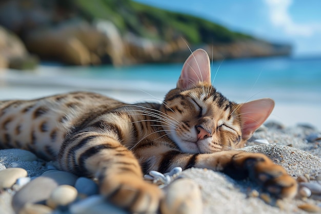 Un gato en una playa de guijarros en un día soleado