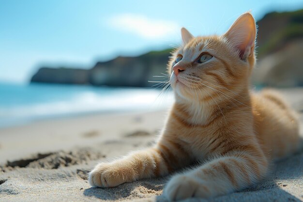 Un gato en la playa relajándose sentado en la arena en un hermoso día soleado
