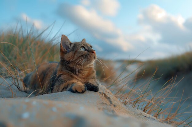 Un gato en una playa tropical en un día soleado