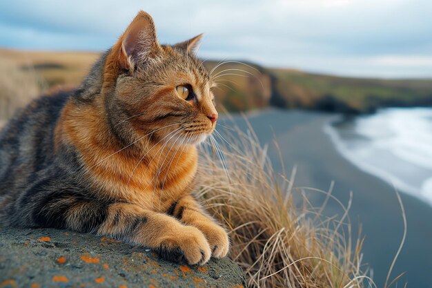 Un gato en una playa tropical en un día soleado