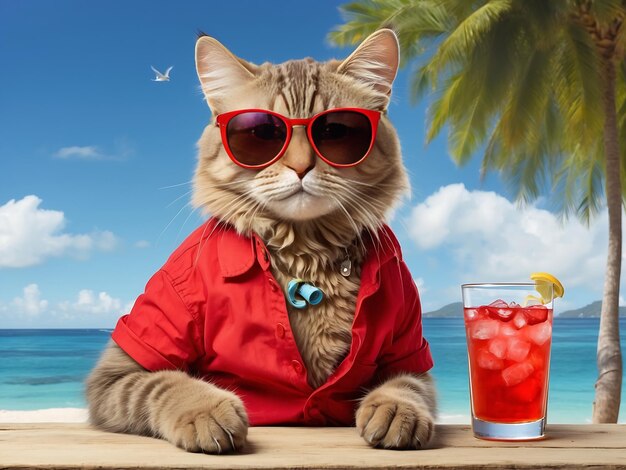 Foto gato en la playa con un vaso de jugo