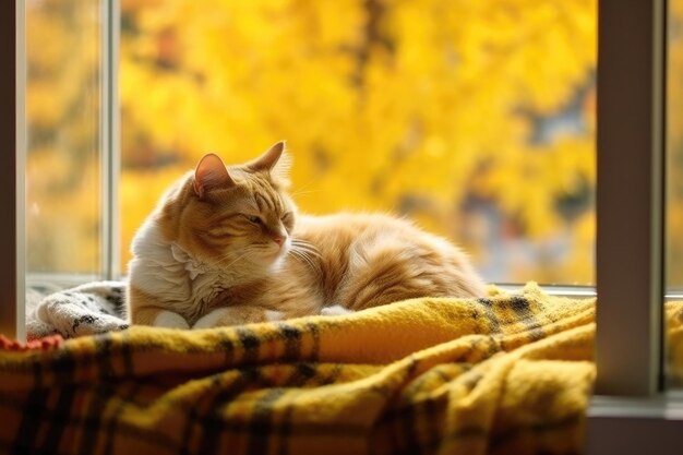Foto gato preguiçoso dorme no peitoril da janela quente e aconchegante no conceito de clima de outono hygge