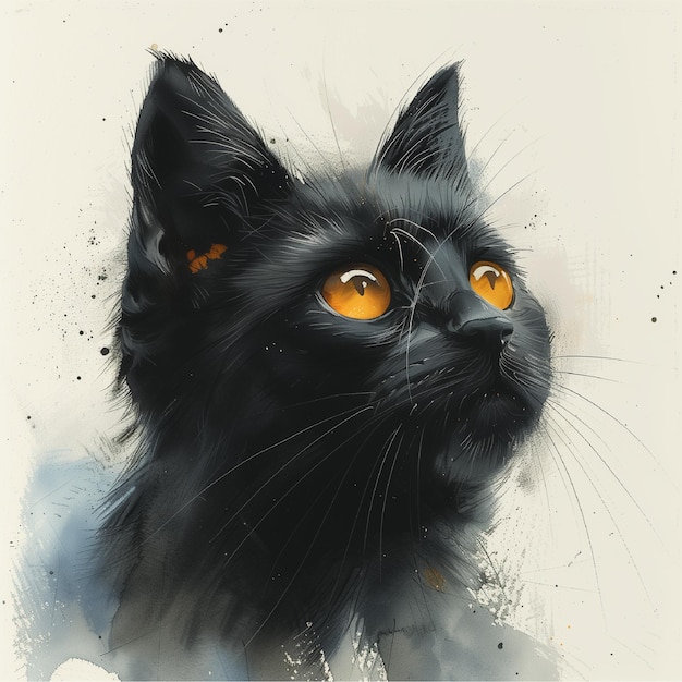 Gato preto aquarelado com olhos amarelos em fundo claro