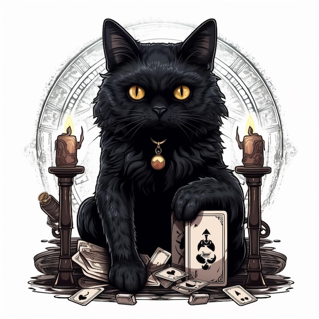 gato preto arafado sentado em uma mesa com um baralho de cartas IA generativa