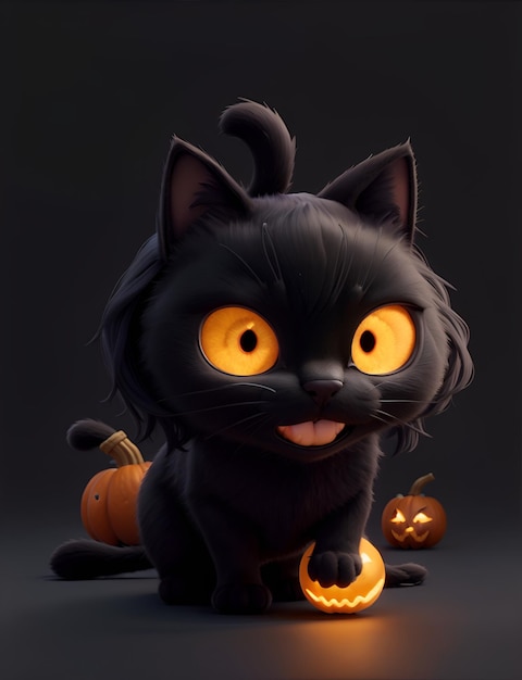 gato preto assustador e abóbora de halloween em um lugar escuro