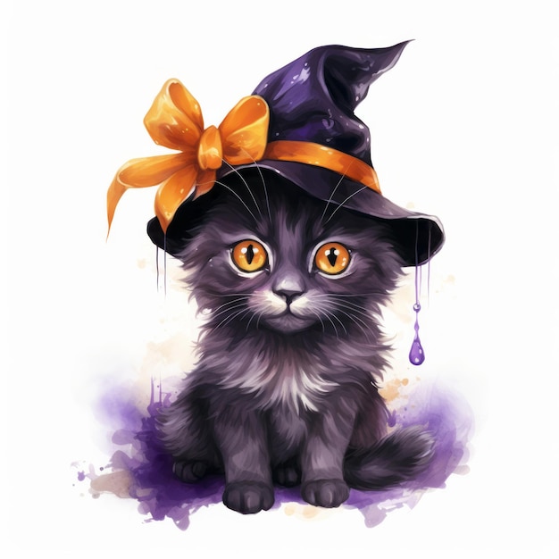 Gato preto bonito com chapéu violeta e laço laranja no conceito de Halloween de fundo branco