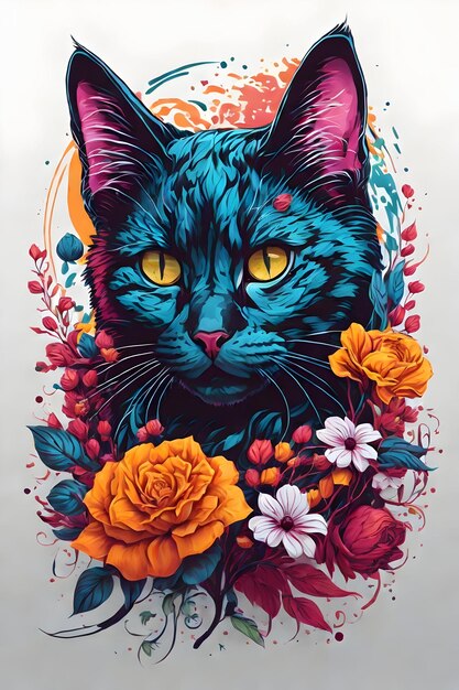 Foto gato preto bonito com flores coloridas