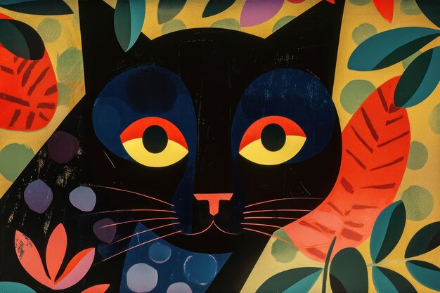 Gato preto bonito e estilizado cores vibrantes kitsch arte moderna de meados do século fundo abstrato