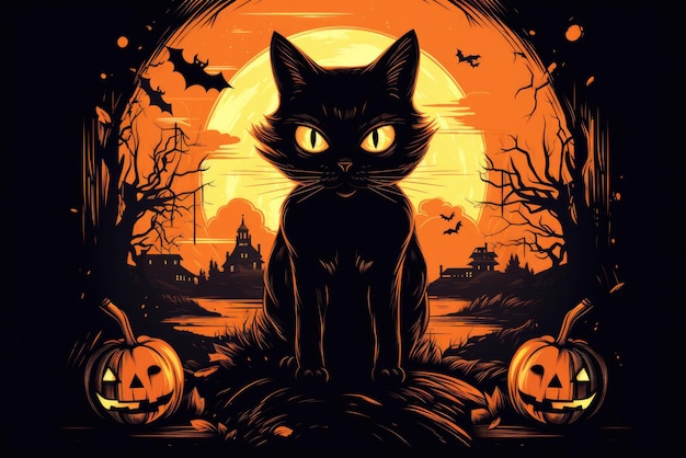 Gato preto bonito personagem em feliz halloween espaço de cópia de fundo