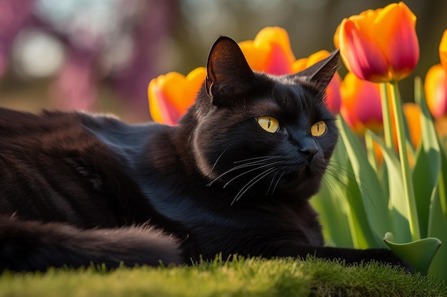 Gato preto BrightEyed descansa em um jardim colorido