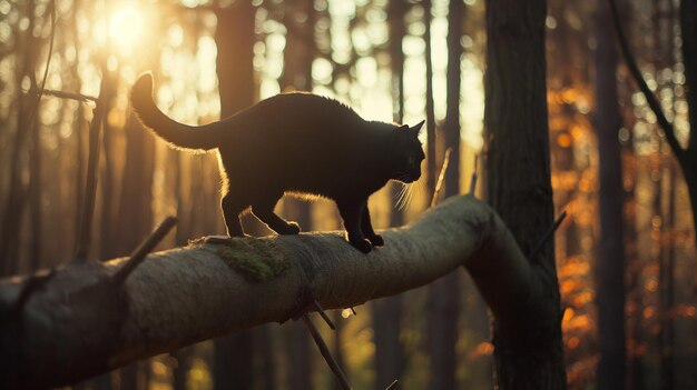 Gato preto caminhando em um tronco de árvore suspenso na floresta